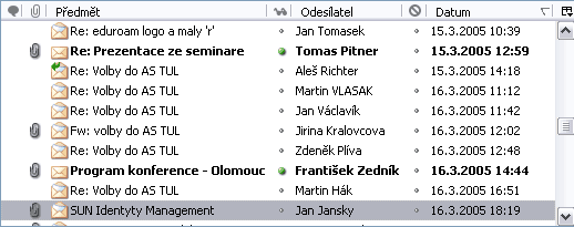 Seznam dopisů ve složce