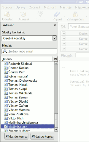 použití adresáře při psaní dopisu