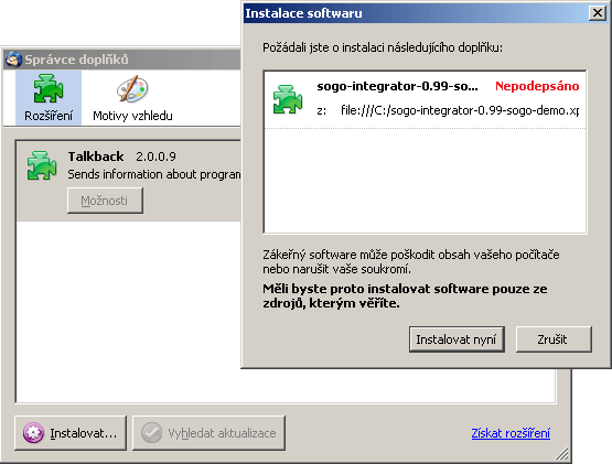 Správce doplňků - instalace softwaru