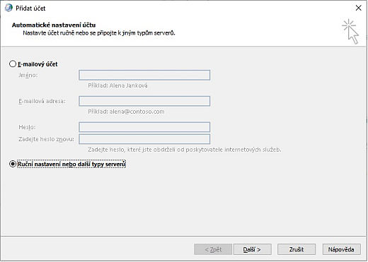 Outlook - přidat účet - Automatické nastavení účtu