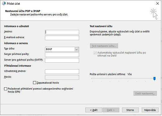 Outlook - Přidat účet - Nastavení účtu POP a IMAP