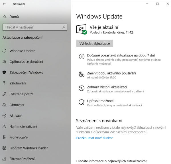 nastavení aktualizací ve Windows 10