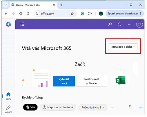Možnost instalace desktopové verze Office